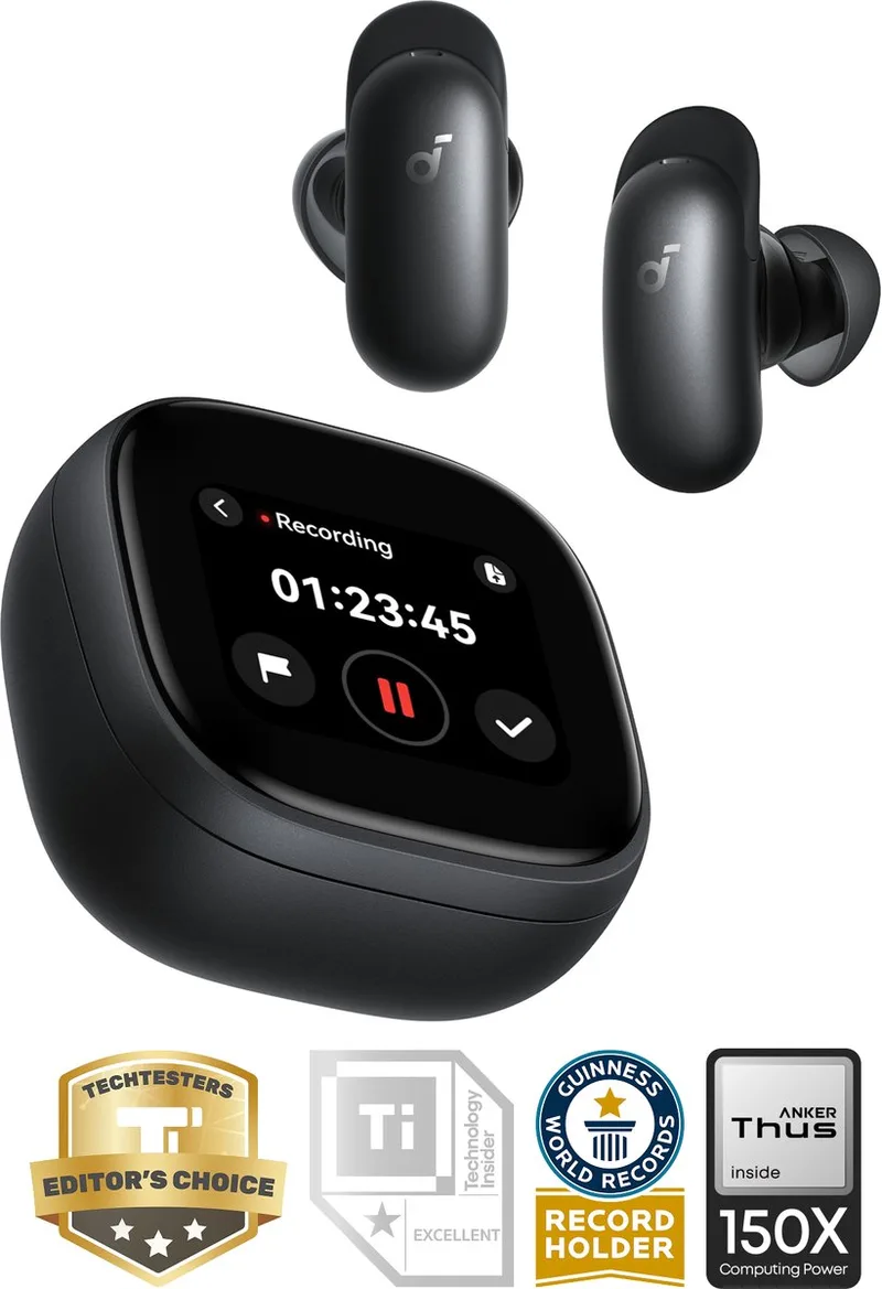 Liberty 5 Pro Max by Anker - Anker Thus Al Chip - AI Note-Taker - Kristalheldere Gesprekken - Noise Cancelling Oordopjes - 1.78" AMOLED Display - ANC Met 6 - 5 U/28 U Speeltijd - Al Vergadertranscriptie by Soundcore in Black – product photo