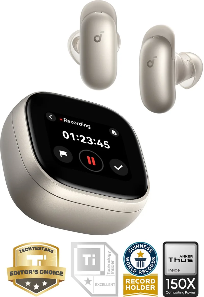 Liberty 5 Pro Max by Anker - Anker Thus Al Chip - AI Note-Taker - Kristalheldere Gesprekken - Noise Cancelling Oordopjes - 1.78" AMOLED Display - ANC Met 6-5 U/28 U Speeltijd - AI Vergadertranscriptie - Goud by Soundcore in Gold – product photo