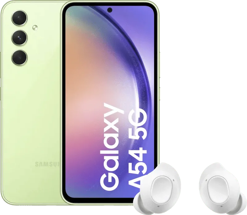 Galaxy A54 128GB Grün 5G + Samsung Galaxy Buds FE Weiß von Samsung – Produktfoto