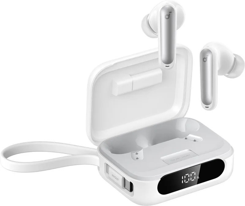 P41i adaptieve earbuds met noise cancelling - Draagbare oplader en Lightning-adapter - 12 uur speeltijd - 192 uur met case - 6 microfoons voor heldere gesprekken - IPX5 draadloze Bluetooth earbuds - Bluetooth 5.3 by Soundcore in White – product photo
