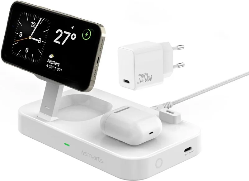 4smart 5-in-1 Draadloos Qi Oplaadstatio + USB-C + 30W wandlader wit/wit by 4smarts in White – product photo