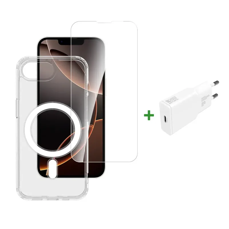 4Smarts 3in1 Premium Starter Set Hülle + Schutzglas + Ladegerät Set Apple iPhone 16e, iPhone 17e Transparent Induktives Laden 541359 de 4smarts – photo produit