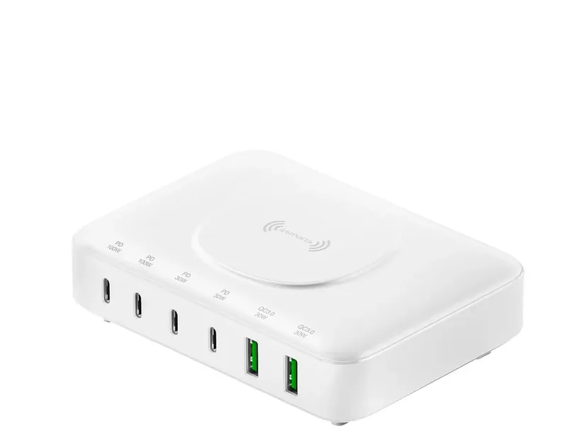 Bureaulader 100 W 2x USB-A, 4x USB-C, Qi-standaard Quick Charge 3.0, USB PD Binnen GaN, USB Power Delivery (USB-PD), Wireless Charger van 4smarts in Wit – productfoto