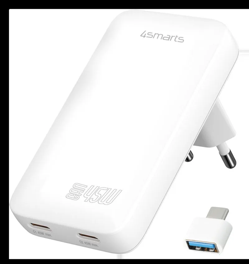 FlatPlug Slim Dual 45W Power Delivery Fast Charge USB-C Oplader by 4smarts in White – product photo