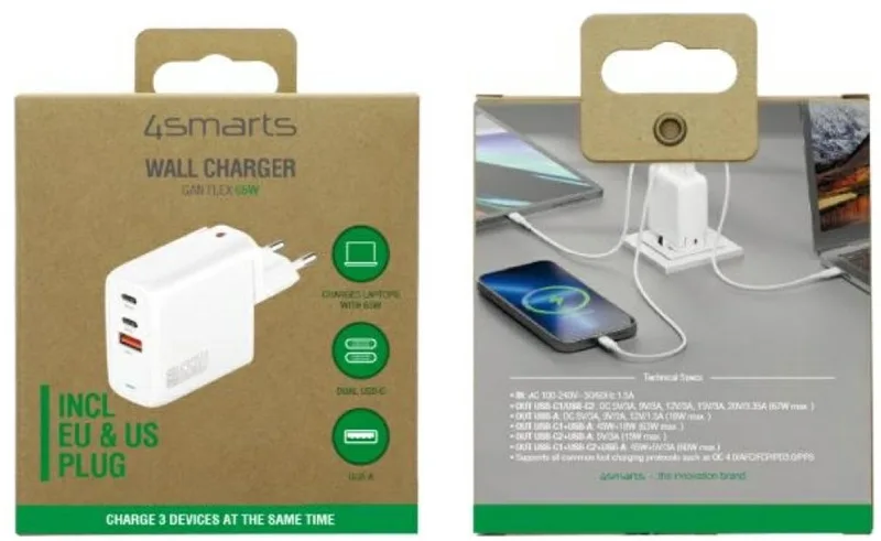 GaN Flex 65W 1x USB 2x USB-C Snellader PD Adapter by 4smarts in White – product photo