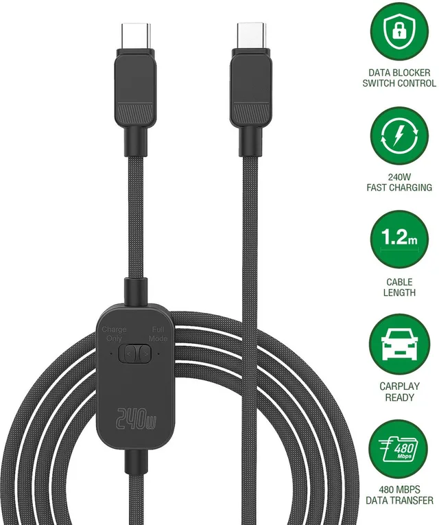 PrivacyCord USB-C naar USB-C Kabel | 240W Fast Charging | Geschikt voor Apple CarPlay / Android Auto | Privacy Switch | 1,2M