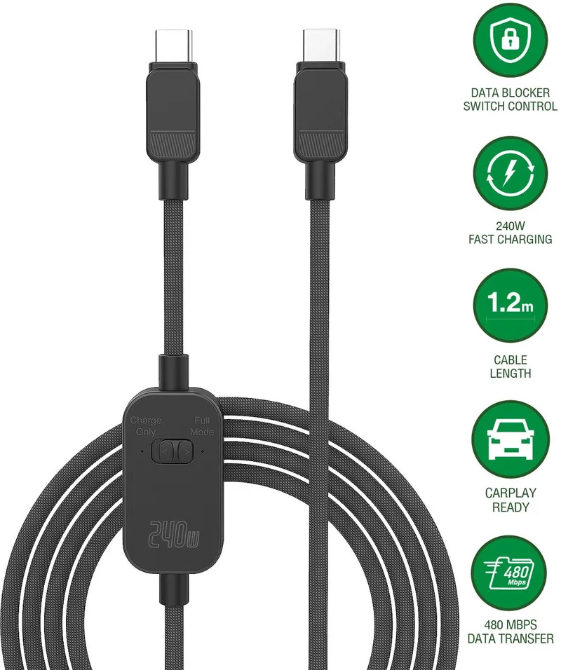 PrivacyCord USB-C naar USB-C Kabel | 240W Fast Charging | Geschikt voor Apple CarPlay / Android Auto | Privacy Switch | 1,2M de 4smarts en Noir – photo produit