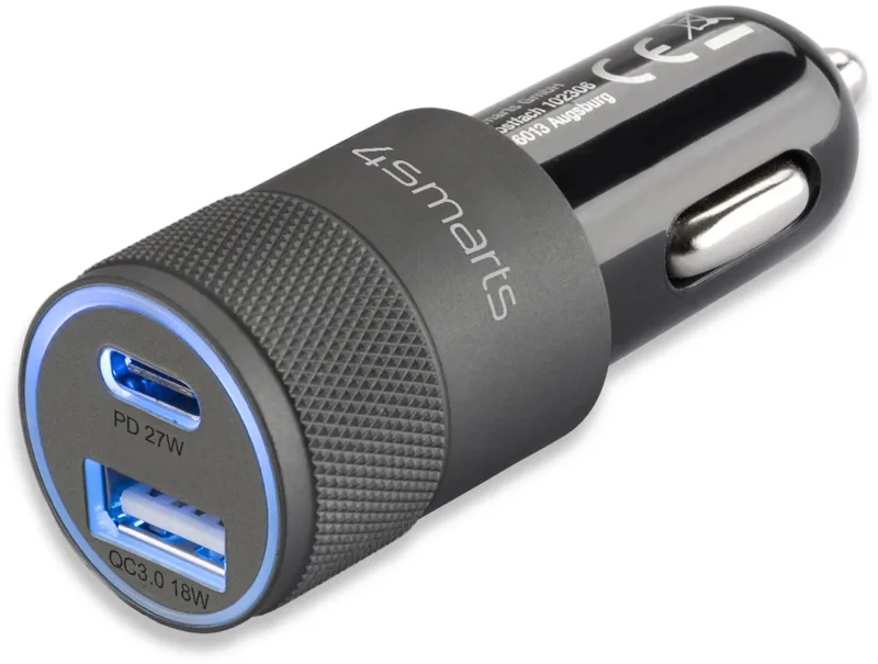 Rapid+ 27W Autolader met Power Delivery en Quick Charge 3.0 van 4smarts in Zwart – productfoto