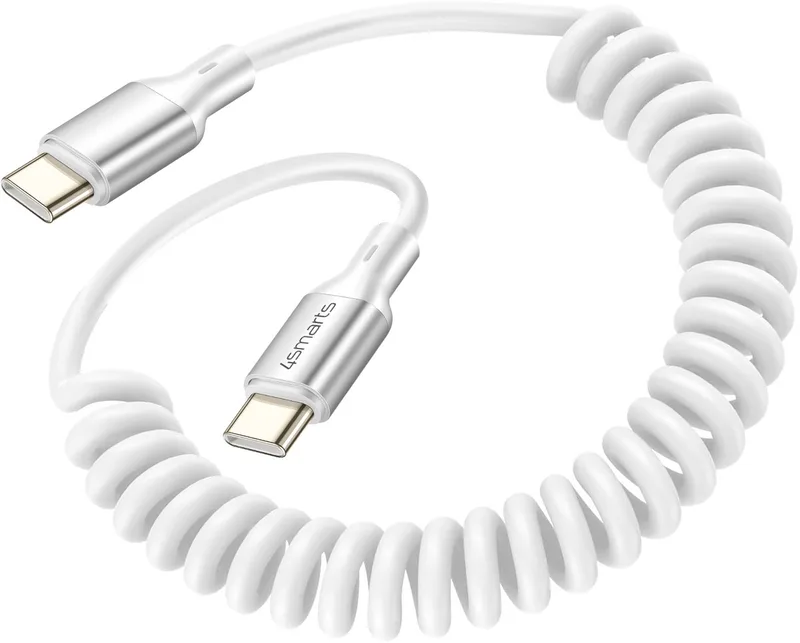USB-C naar USB-C Krulsnoer Kabel 240W Power Delivery 50CM van 4smarts in Wit – productfoto