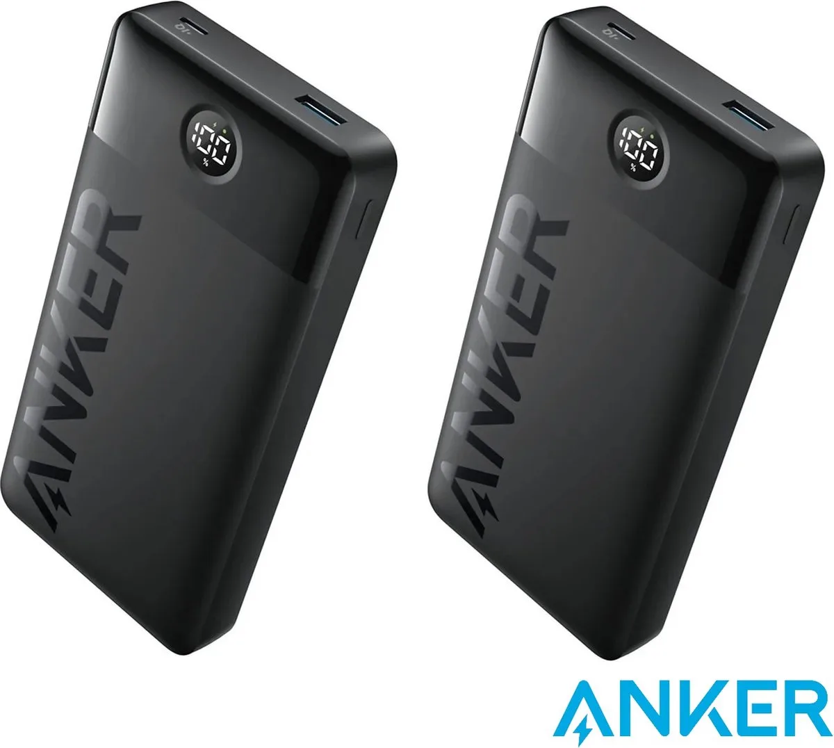 2-pack Anker Powerbank 20.000 mAh met display - Zwart - 15W - USB-A en USB-C- Voordeelbundel van Anker in Zwart 2-pack – productfoto