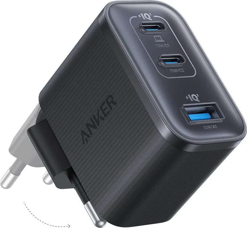 Anker-Nano - Oplader - 3 - Poorts wandadapter met ultrasnelle 70W-output - Compact en stijlvol by Anker in Black – product photo