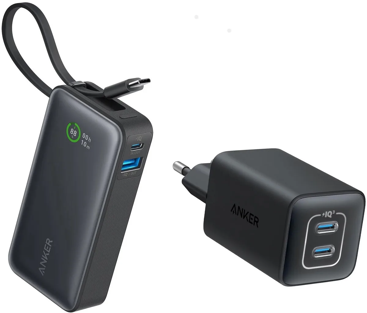 Anker-Nano powerbank-10.000 mAh powerbank met ingebouwde USB-C-kabel 30W + Anker 523 nano USB-C oplader 2-ports 47W - Voordeelbundel de Anker en Zwart 47w – photo produit