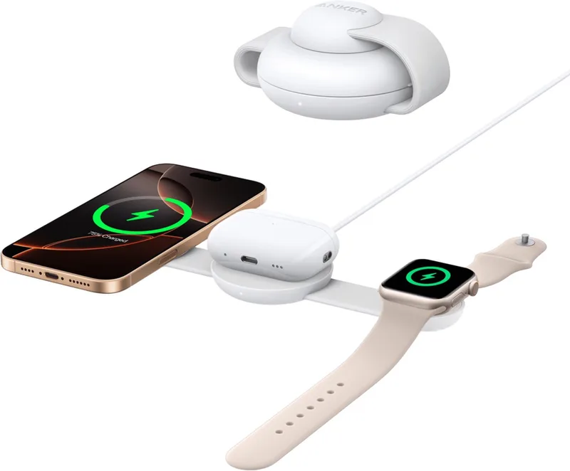 Charging MagGo 3 - In-1 Vouwbare Draadloze Snellader - 15W - Qi2 - Gecertificeerd - Opvouwbaar en Draagbaar van Anker in Wit – productfoto