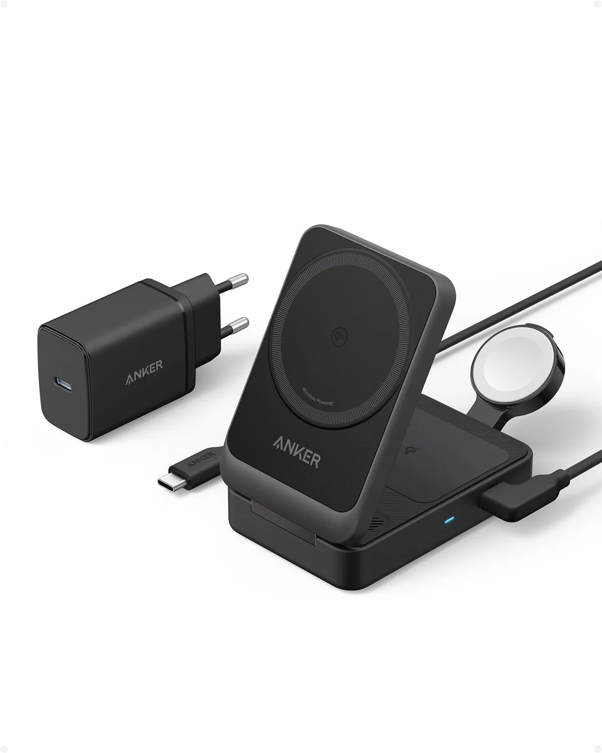 MagGo 3 in 1 Charging Station, Qi2 Certified 15W MagSafe-Compatible Wireless Charger Stand, Apple Watch Charger for MagSafe fra Anker – produktbillede