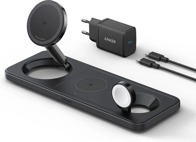 MagGo 3-in-1 Draadloos Oplaadstation - 15W Wireless Charger - Voor telefoons, oordopjes en smartwatches - Qi2-gecertificeerd - Inklapbaar en Compact Ontwerp - Inclusief 40W USB-C Adapter