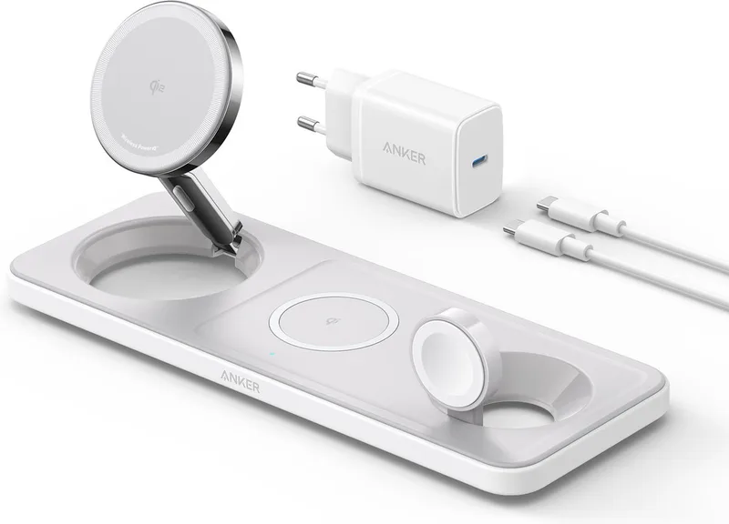 MagGo 3-in-1 Draadloos Oplaadstation - Qi2-gecertificeerd - 15W Draadloze Oplader voor telefoons, oordopjes en smartwatches - Inklapbaar en Draagbaar by Anker in White – product photo