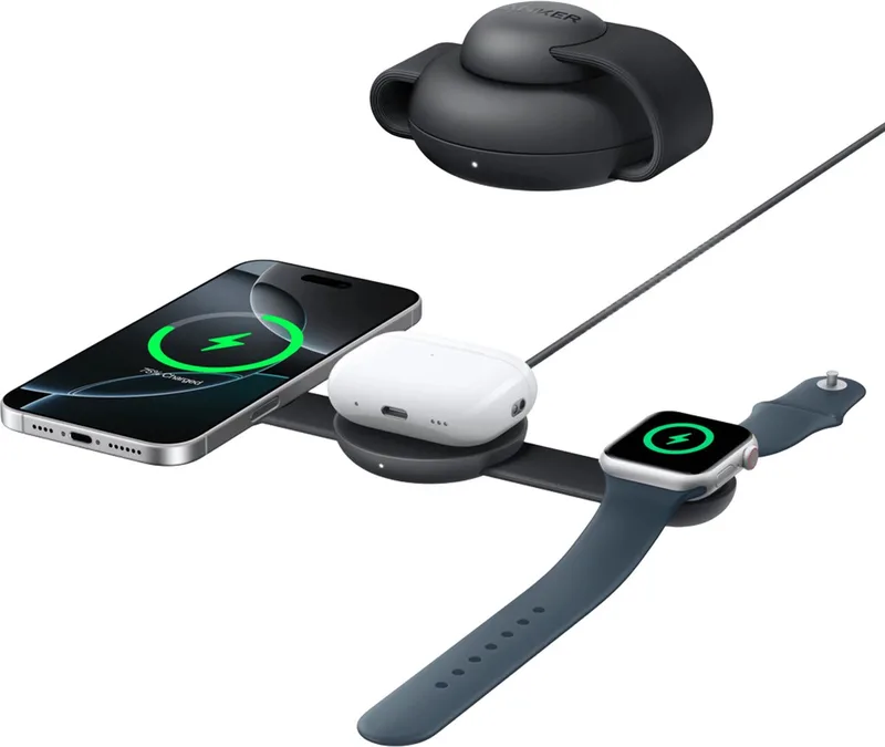 MagGo 3-in-1 Vouwbare Draadloze Snellader - 15W Wireless Charger - Voor telefoons, oordopjes en smartwatchesor - Compact en Opvouwbaar Ontwerp by Anker in Black – product photo