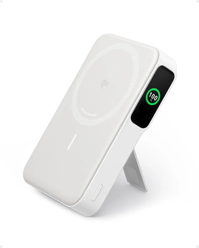 MagGo Powerbank 10.000 mAh - Draadloze Oplader - 15W Draadloos Opladen - 27W USB-C Poort - Geïntegreerde Standaard by Anker in White – product photo