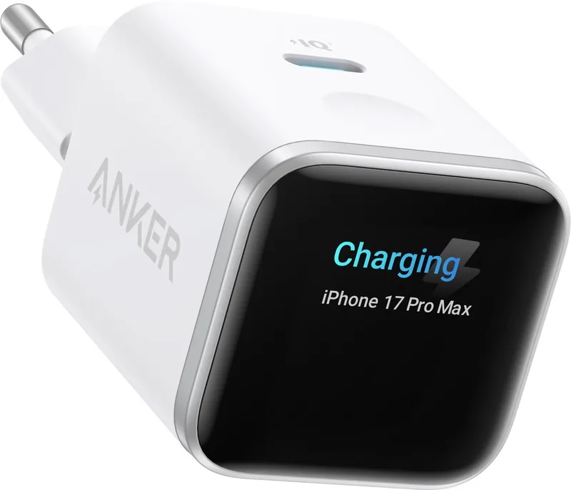 Nano 45W USB-C snellader met Smart Display - Intelligente oplader met realtime scherm - IPhone-herkenning en batterijbescherming by Anker in White – product photo