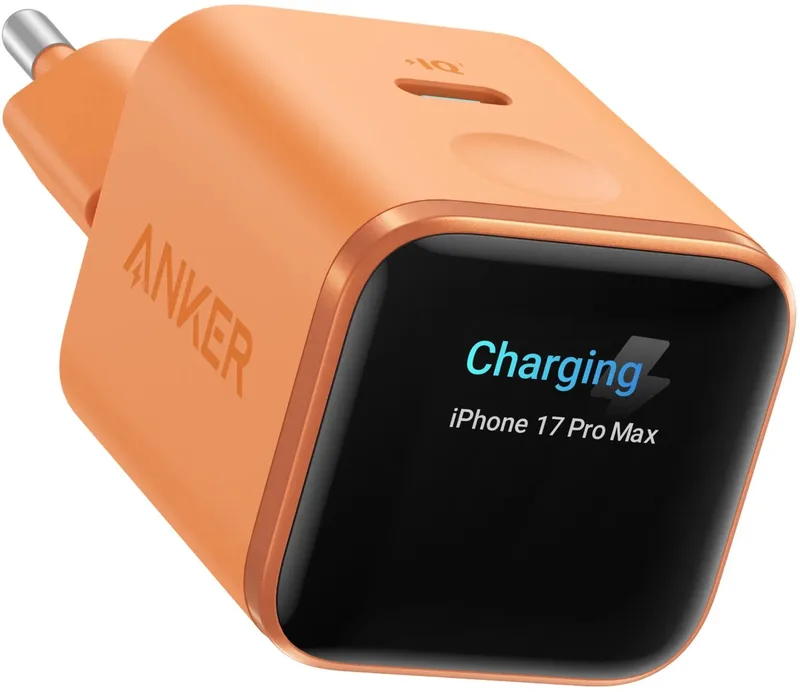 Nano 45W USB-C snellader met Smart Display - Intelligente oplader met realtime scherm - IPhone-herkenning en batterijbescherming von Anker in Orange – Produktfoto