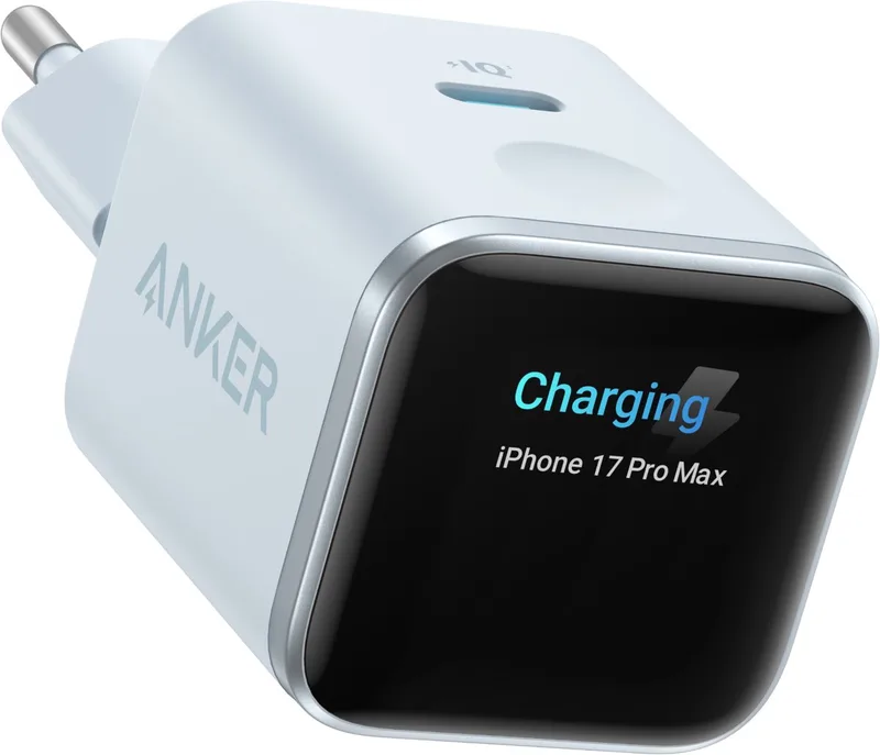 Nano 45W USB-C snellader met Smart Display - Intelligente oplader met realtime scherm - IPhone-herkenning en batterijbescherming by Anker in Blue – product photo