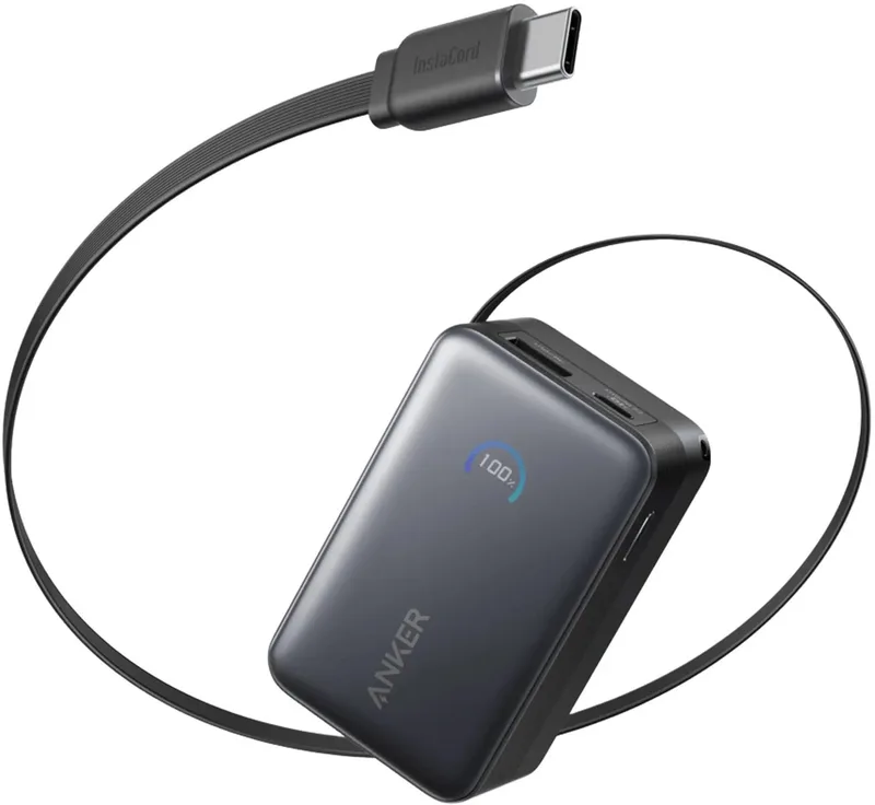 Nano Powerbank - 10.000 mAh - 45 Watt - Met 70cm Anker InstaCord intrekbare kabel by Anker in Black – product photo