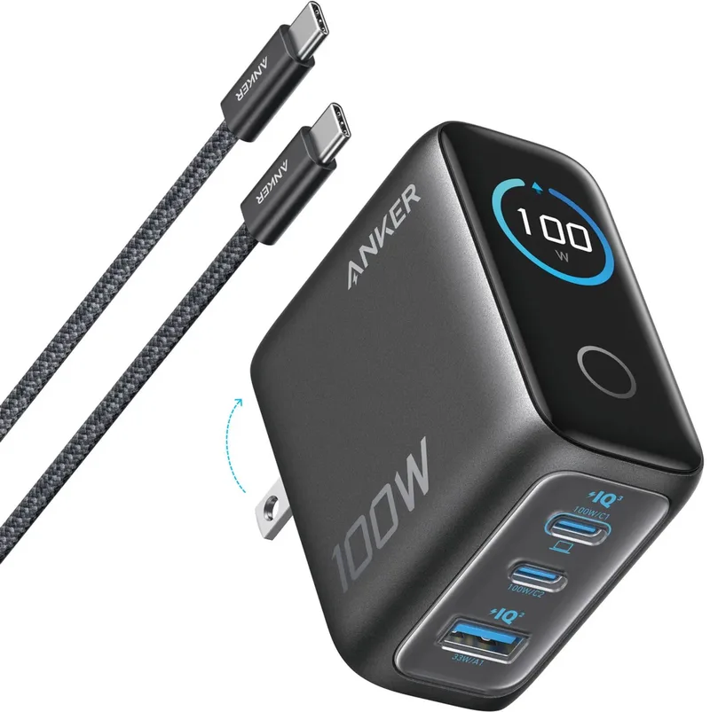 Oplader - 100W Max USB C Oplader - 3-poorts GaN Wandadapter met Slim Display en Touchbediening - Inclusief USB-C Kabel de Anker en Noir – photo produit