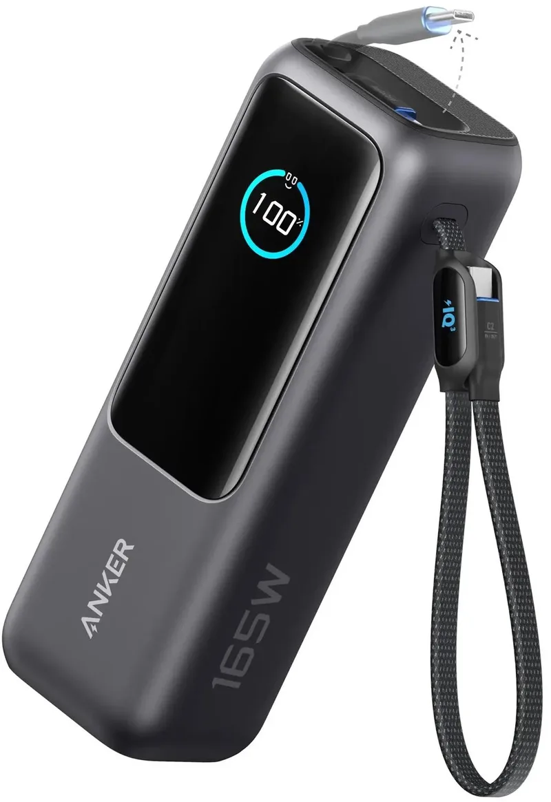 PowerCore 25K Powerbank 25.000mAh - 165W - 3x 100W USB-C Poorten - Ingebouwde Intrekbare Kabels - Real-Time Smart Display - Vliegtuigvriendelijk Ontwerp by Anker in Black – product photo