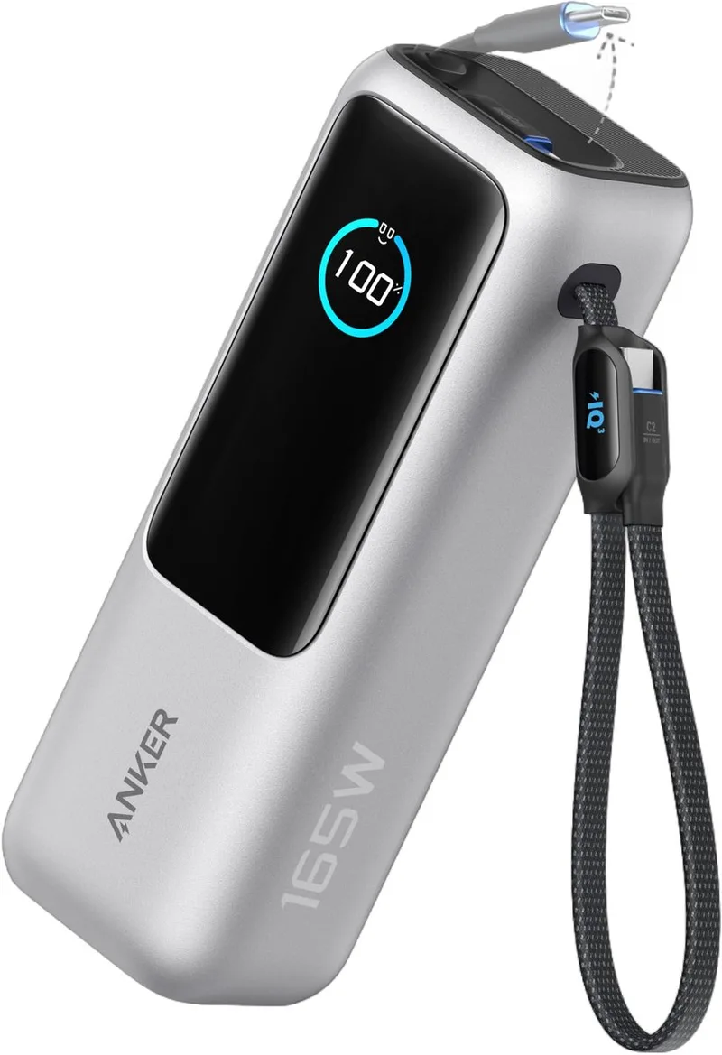 PowerCore 25K Powerbank 25.000mAh - 165W - 3x 100W USB-C Poorten - Ingebouwde Intrekbare Kabels - Real-Time Smart Display - Vliegtuigvriendelijk Ontwerp by Anker in Silver – product photo