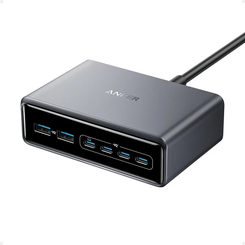 Prime Lader - 200W - 6-Poorten - GaN - 4x USB-C & 2x USB-A - Dynamic Power Distribution - Smart Display - Snelladen tot 100W - ActiveShield 2.0 - Compact & Krachtig van Anker in Zwart – productfoto