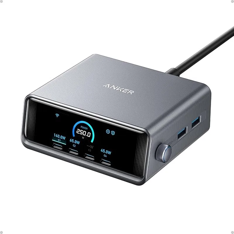 Prime Lader (250W - 6 Poorten - GaNPrime) - 4x USB-C & 2x USB-A - Dynamic Power Distribution - Smart Display - Snelladen tot 140W - ActiveShield 2.0 - Compact & Krachtig by Anker in Silver – product photo
