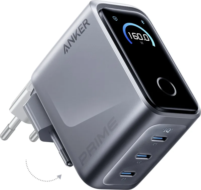 Prime Oplader, 160W 3-Poorts Compacte USB-C GaN Oplader, Slim Display en Touch Control, Ultrasnelle 140W Enkele-Poort Oplading voor Laptop by Anker in Silver – product photo