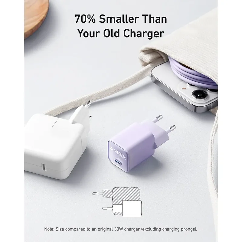 USB C GaN Charger 30W-511 Charger (Nano 3)-PIQ 3.0 PPS Fast Charger (Cable Not Included) fra Anker i Hvid – produktbillede 3 af 6