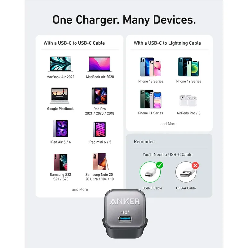 USB C GaN Charger 30W-511 Charger (Nano 3)-PIQ 3.0 PPS Fast Charger (Cable Not Included) fra Anker i Hvid – produktbillede 6 af 6