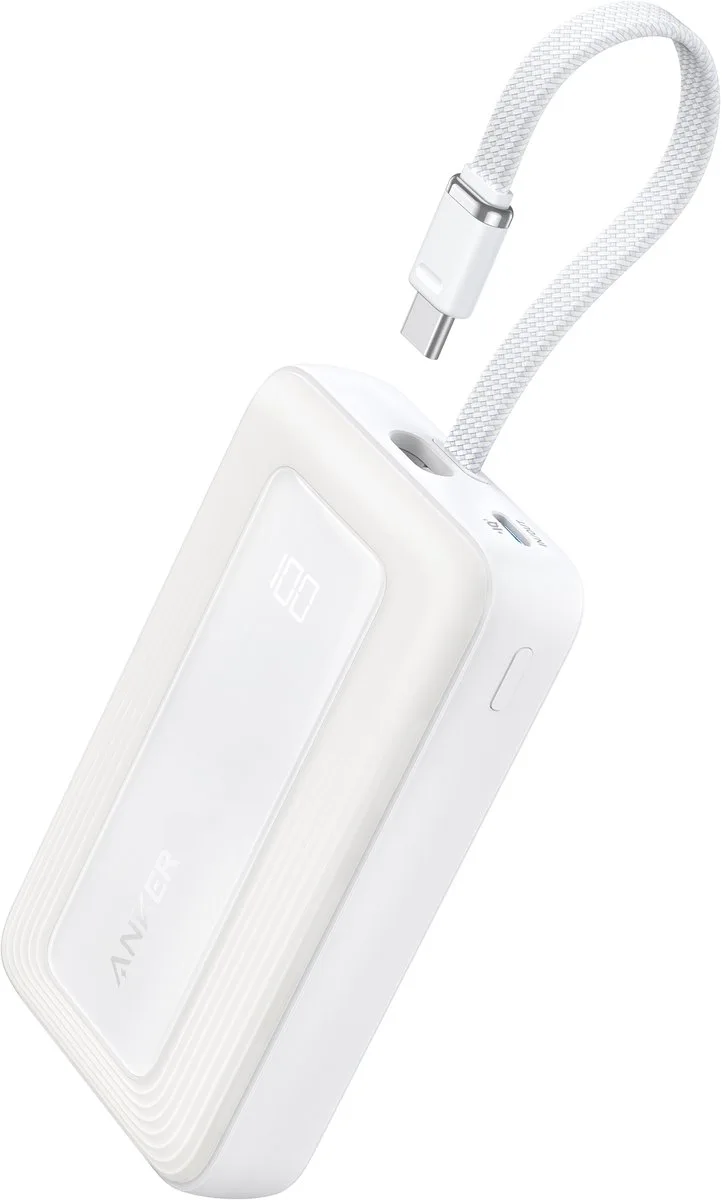 Zolo Powerbank - 20.000mAh - 30W - Geïntegreerde USB-C Kabel - 1x USB-C & 1x USB-A Poort - Compact & Draagbaar Ontwerp by Anker in White – product photo