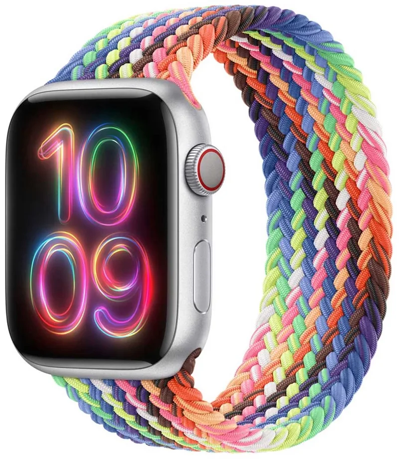 Gevlochten solobandje voor de Apple Watch | 44/45/46/49 mm - Maat 12 - Pride Edition van Apple in Pride Edition, Size 12 (199 mm – 206 mm) – productfoto