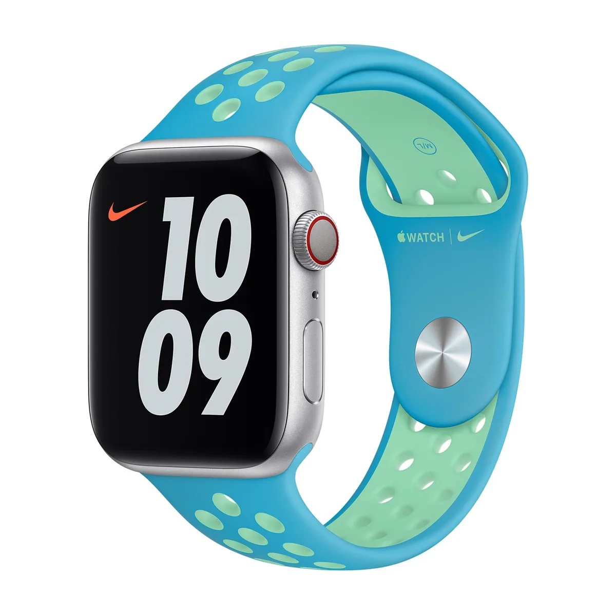 origineel Nike Sport Band Apple Watch 44mm / 45mm / 46mm / 49mm Chlorine Blue / Green Glow - MJ6L3ZM/A von Apple – Produktfoto