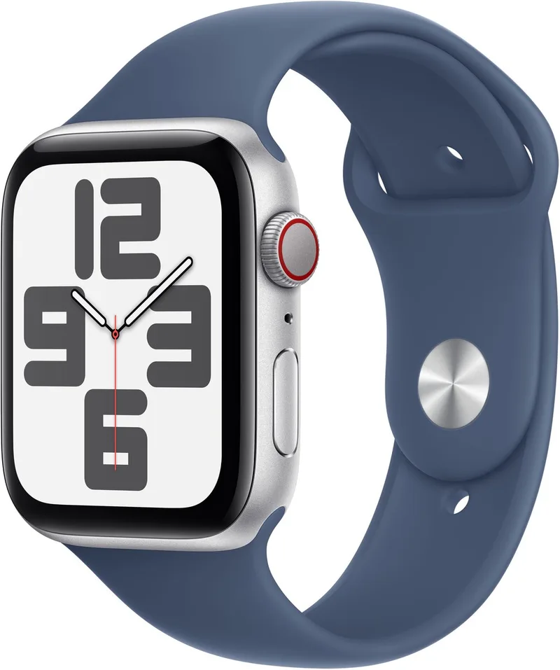 Watch SE 2024 GPS + Cellular 44mm Silver Aluminium Case with Denim Sport Band - S/M van Apple in Silver – S, M – productfoto