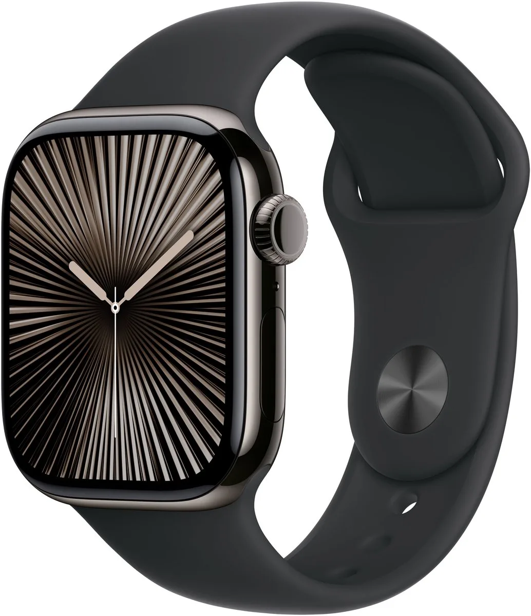 Watch Series 10 - Wifi + 4G - 42mm - Slate Titanium Case met Zwart Sportbandje - M/L de Apple en Slate – M, L – photo produit