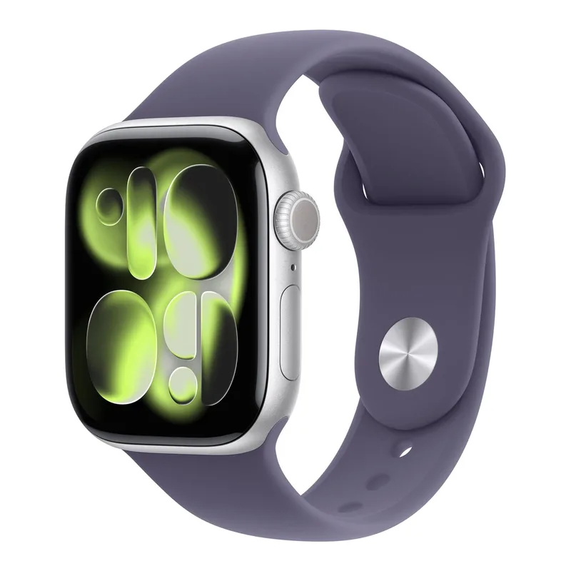 Watch Series 11 GPS 42 mm zilveren aluminium behuizing met paarse mist sportbandje - S/M fra Apple – produktbillede