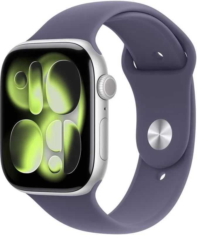 Watch Series 11 GPS 46 mm zilveren aluminium kast met paarse mist sportband - S/M fra Apple – produktbillede