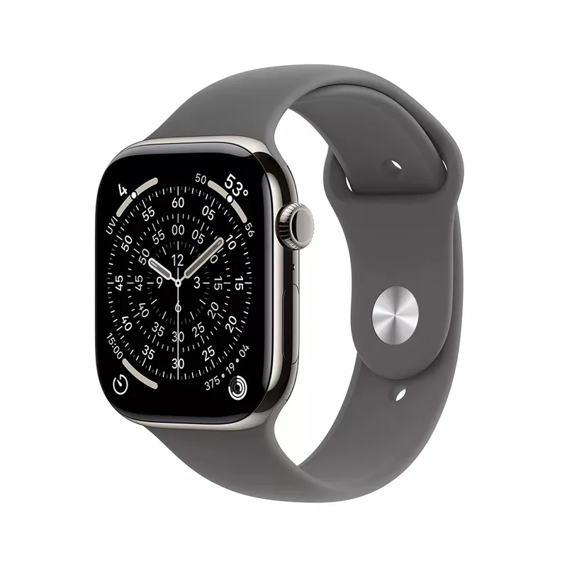 Watch Series 11 GPS + Cellular 42mm Natural Titanium Case met Stone Grey Sport Band - S/M Smartwatch Grijs van Apple – productfoto
