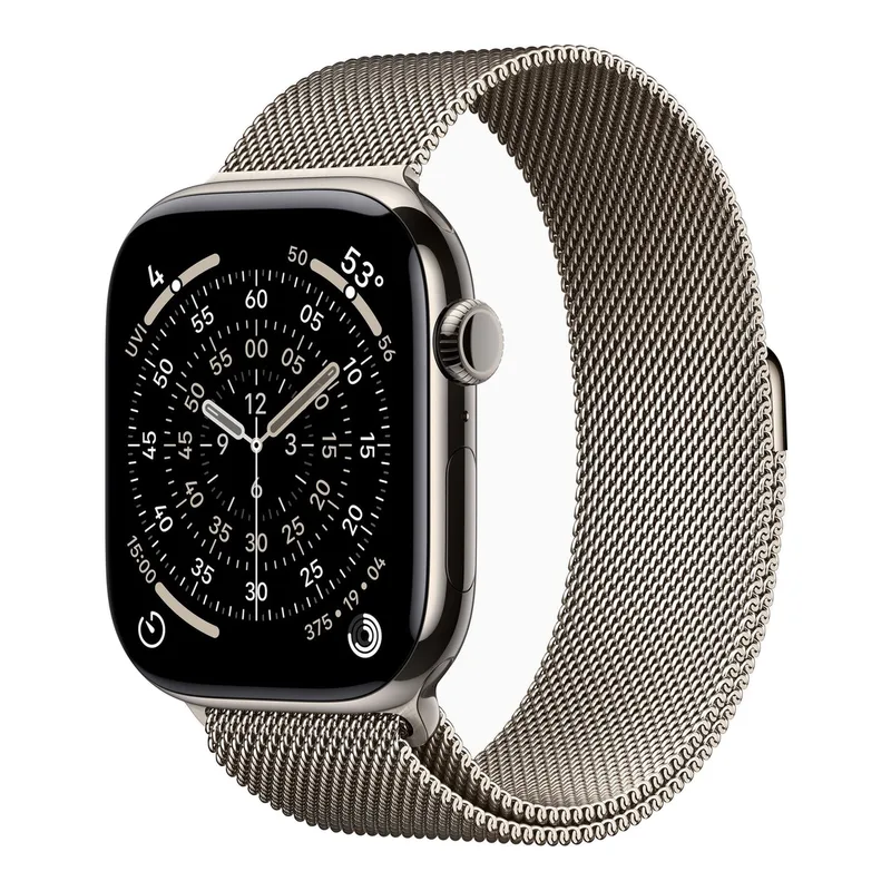 Watch Series 11 GPS + mobiel 46 mm natuurlijk titanium kast met natuurlijke Milanese band - S/M van Apple – productfoto