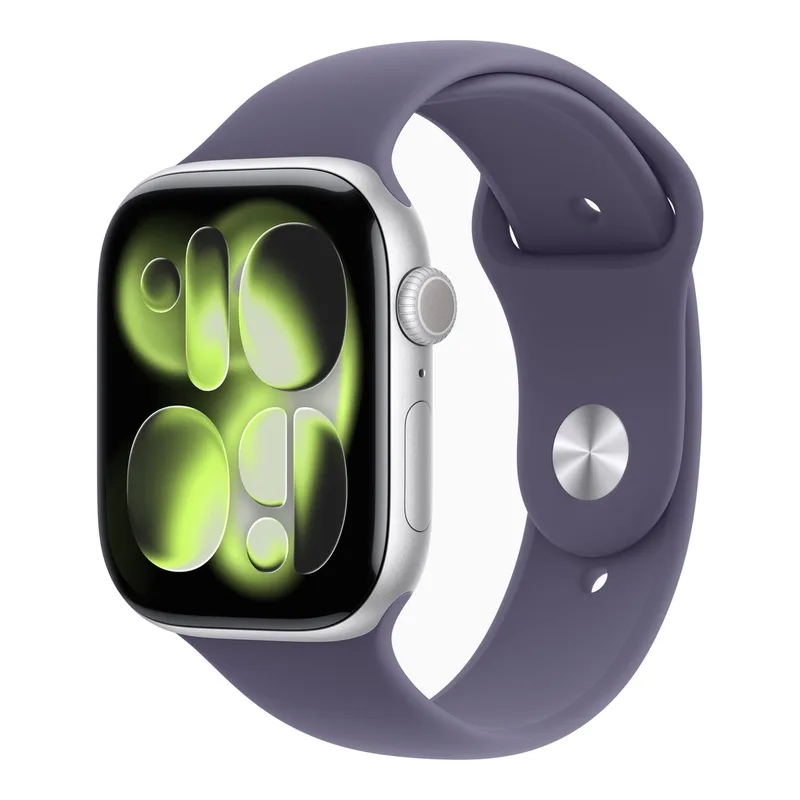 Watch Series 11 GPS + mobiel 46 mm zilverkleurige aluminium behuizing met paarse mist sportband - S/M fra Apple – produktbillede