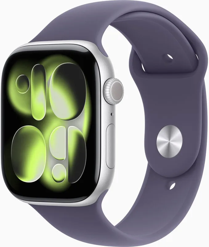Watch Series 11 GPS + Mobiele connectiviteit 42 mm zilveren aluminium behuizing met paarse nevel sportband - S/M fra Apple – produktbillede