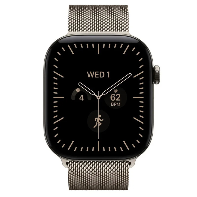 Watch Series 12 GPS + Cellular 46 mm Gehäuse aus Titan Natur mit natürlichem Milanaise-Armband - M/L de Apple – photo produit