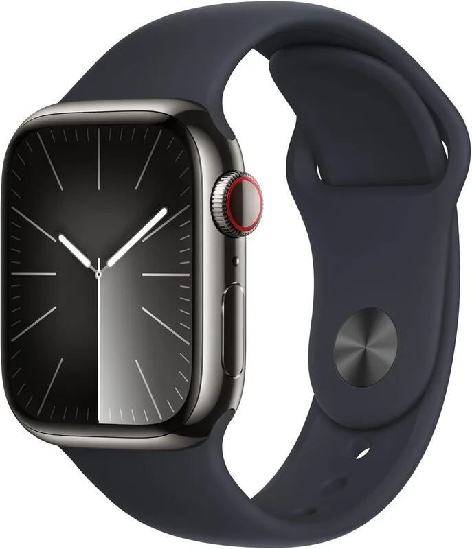 Watch Series 9 GPS + Cellular 41 mm grafiet roestvrijstalen behuizing met midnight sportband - M/L von Apple – Produktfoto