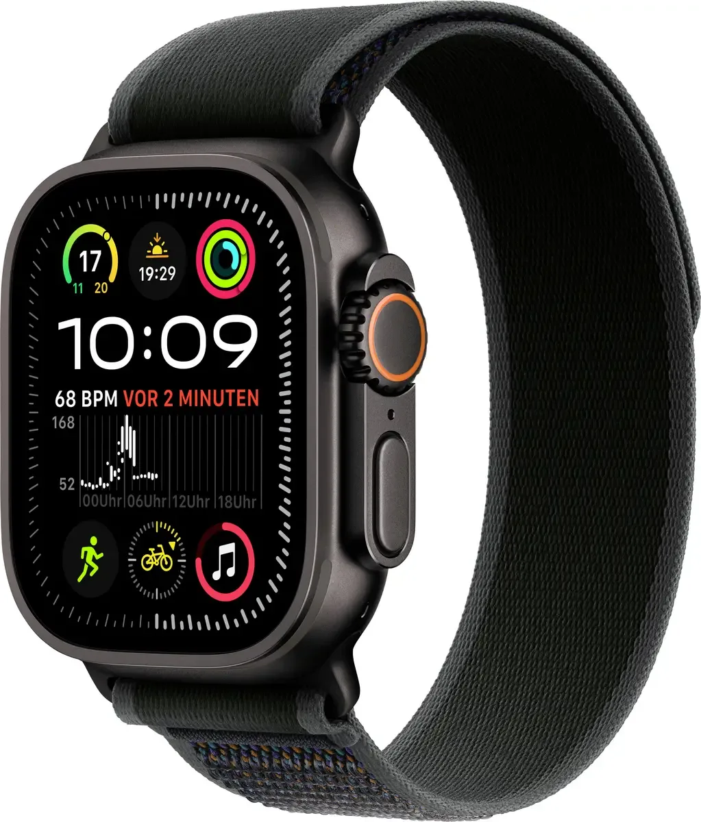 Watch Ultra 2 (2024) 49 mm GPS + Cellular boîtier en titane Trail Loop noir S/M de Apple – photo produit