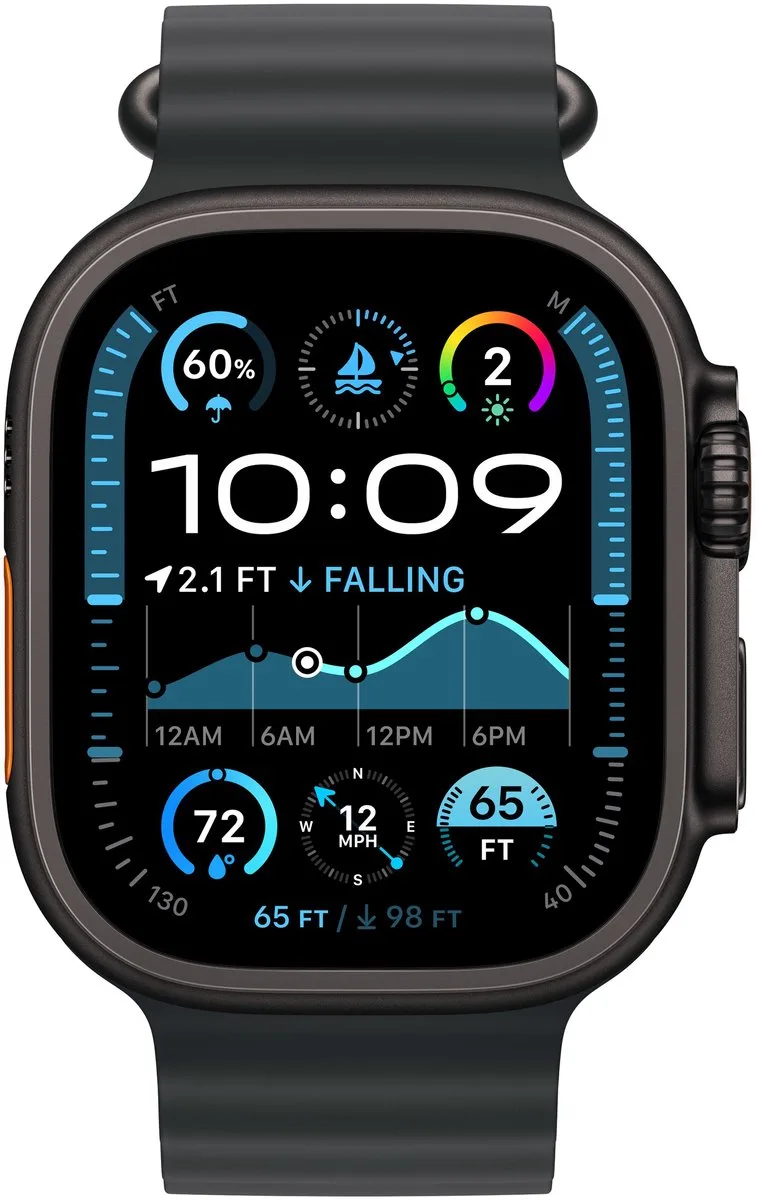 Watch Ultra 2 GPS + Cellular 49mm Black Titanium Case with Black Ocean Band van Apple in Oranje – productfoto