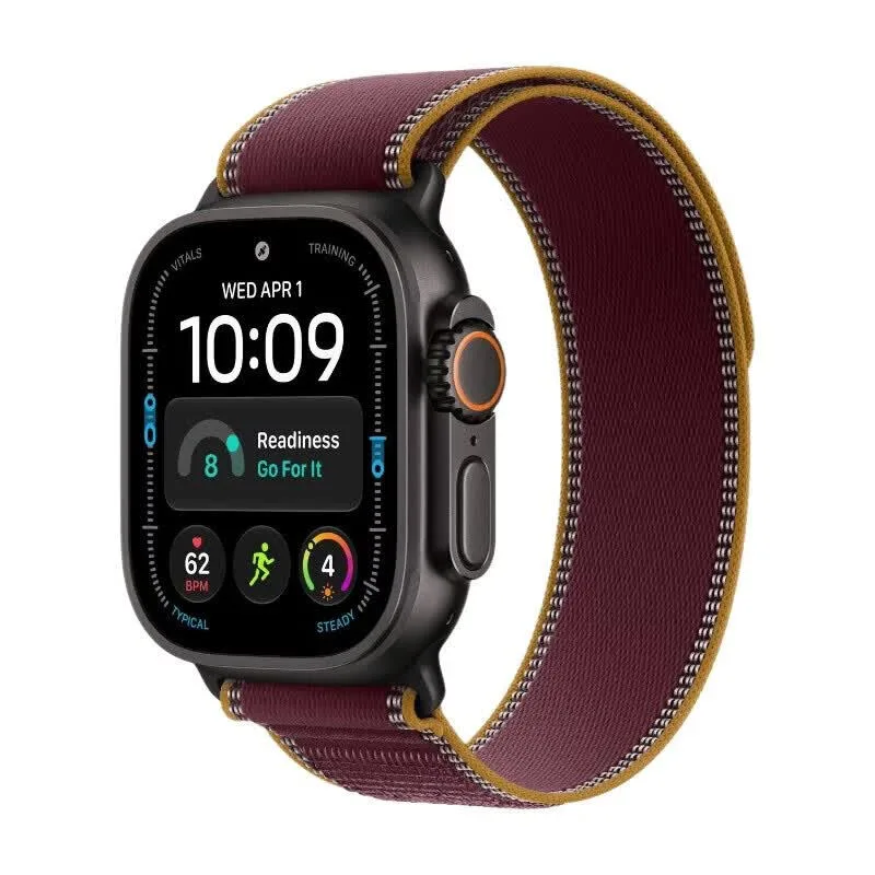 Watch Ultra 4 - GPS + Cellular - 49 mm - zwarte titanium kast met bordeauxrode Trail Loop (S/M) by Apple – product photo